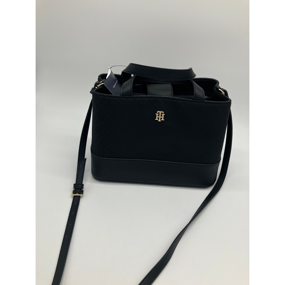 Tommy Hilfiger Women Black Canvas Faux Leather Crossbody Satchel Handbag NWT